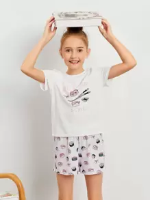 SHEIN Girls Sushi and Letter Print Top & Shorts PJ Set - Multicolor - View 1