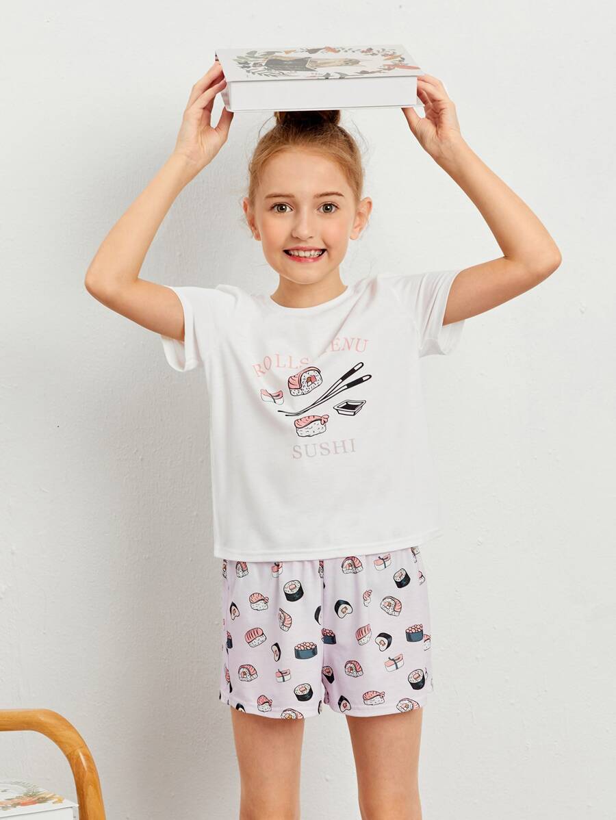 SHEIN Girls Sushi and Letter Print Top & Shorts PJ Set - Multicolor - View 1