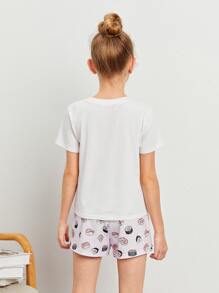SHEIN Girls Sushi and Letter Print Top & Shorts PJ Set - Multicolor - View 2