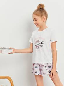 SHEIN Girls Sushi and Letter Print Top & Shorts PJ Set - Multicolor - View 3