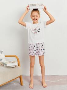 SHEIN Girls Sushi and Letter Print Top & Shorts PJ Set - Multicolor - View 5