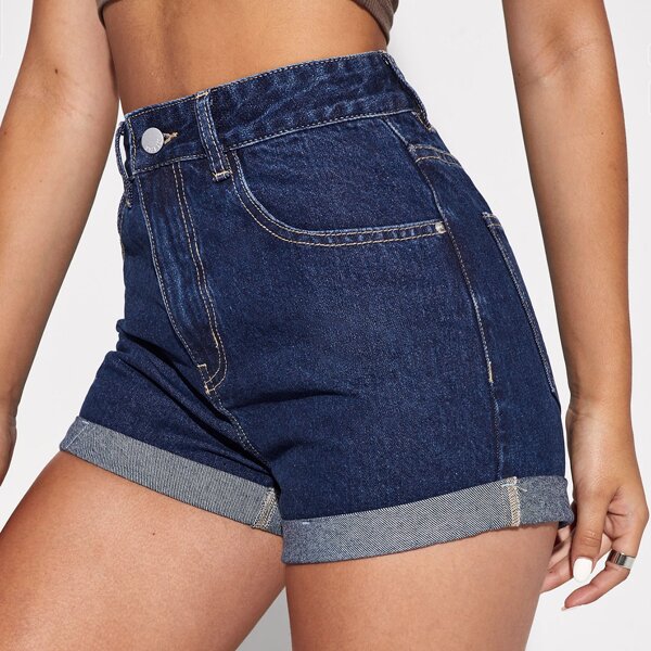 

High Waist Roll Hem Denim Shorts, Dark wash