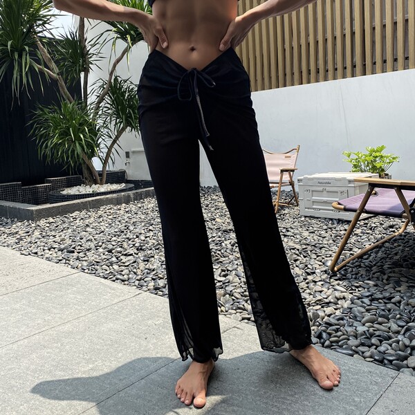 

Tie Front Mesh Cover Up Pants, Black