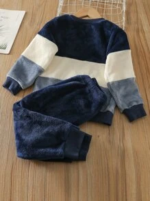 SHEIN Young Boy Colorblock Letter Embroidery Flannel Pullover & Pants