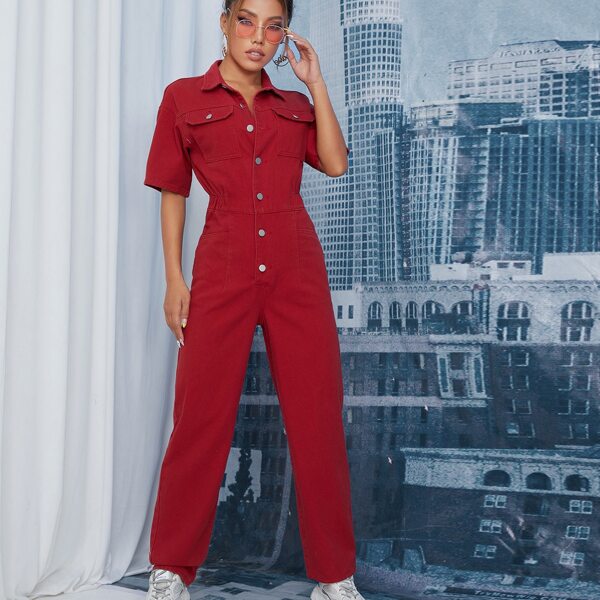 

Drop Shoulder Button Placket Denim Jumpsuit, Red