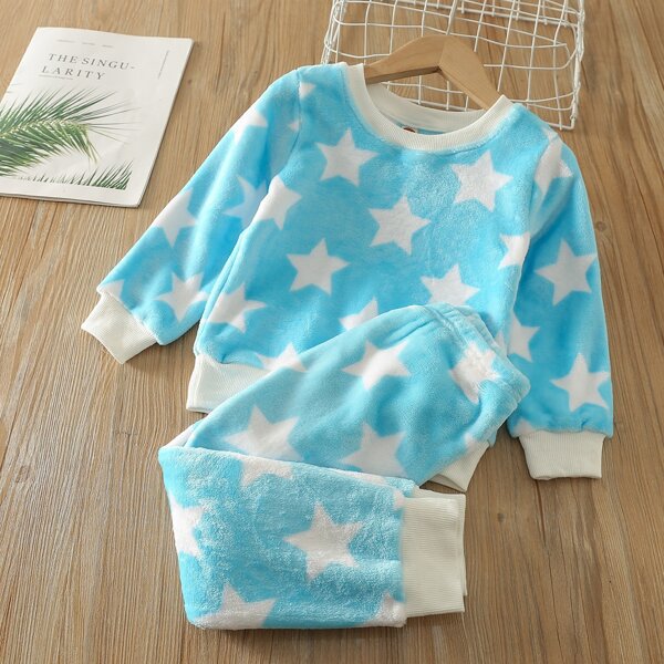 

Toddler Girls Star Print Flannel Pullover & Sweatpants, Baby blue