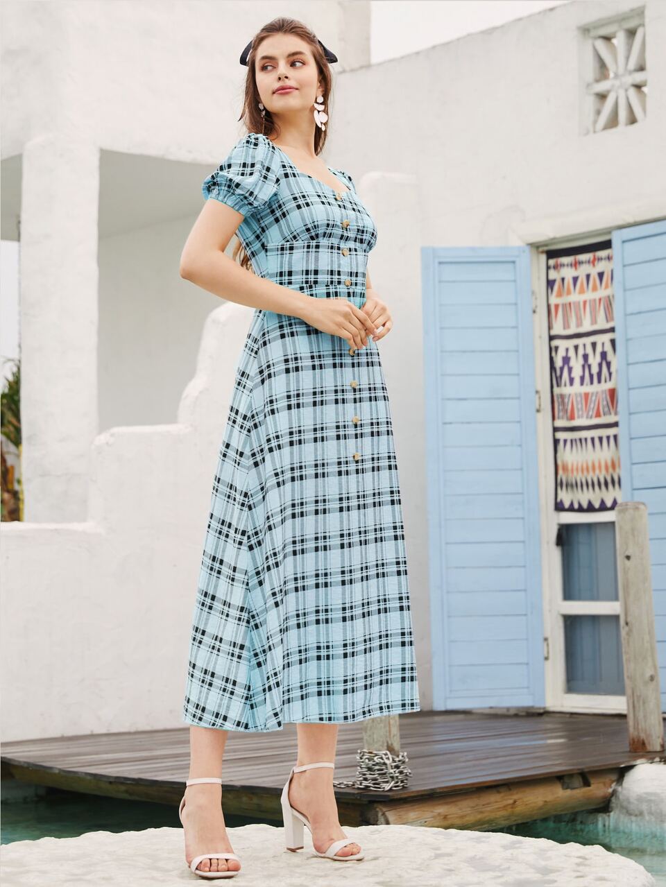 Puff Sleeve Plaid High Waist Dress