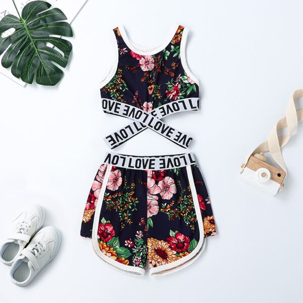 

Toddler Girls Floral Criss Cross Tape Tank Top With Track Shorts, Multicolor