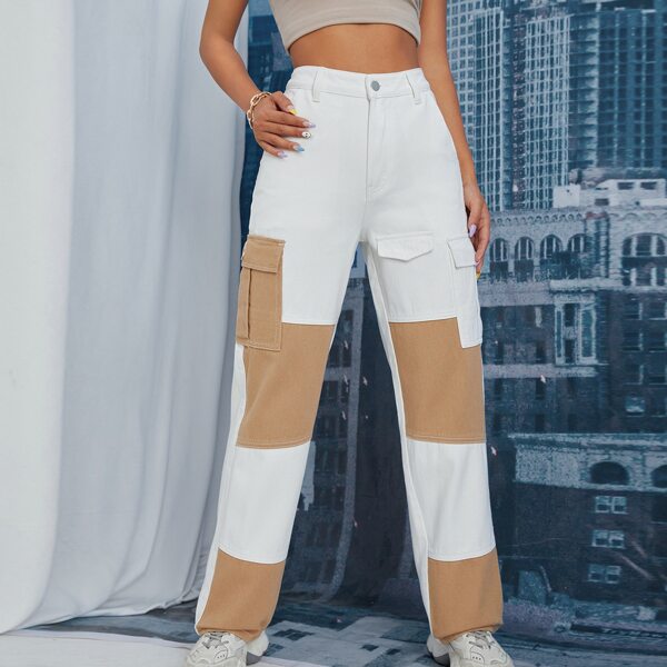 

Zipper Fly Colorblock Cargo Jeans, White