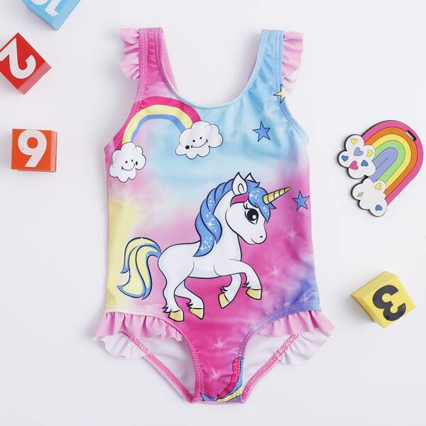 

Baby Girl Unicorn Print Ruffle One Piece Swimsuit, Multicolor