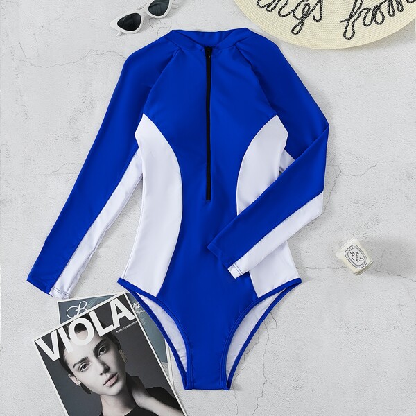 

Color Block Zip Front One Piece Swimsuit, Blue and white