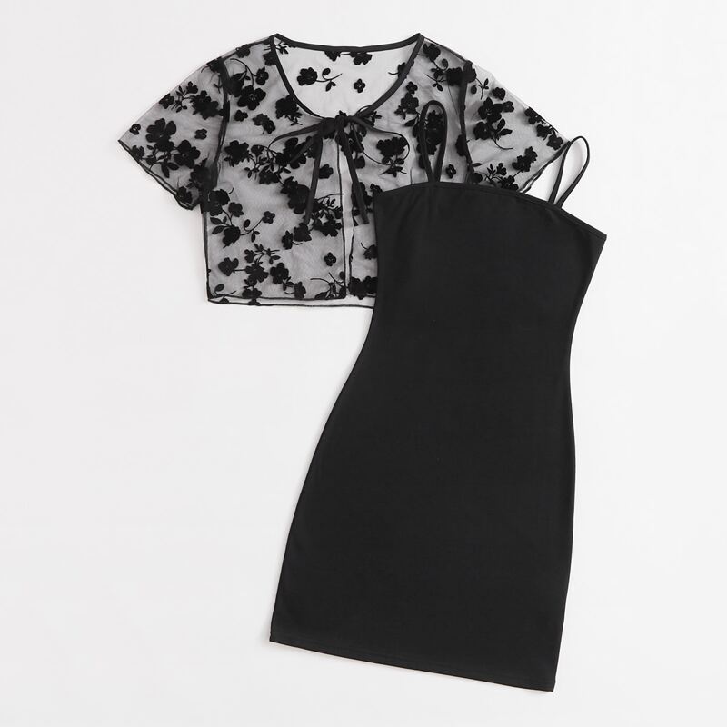 

Floral Mesh Tie Front Top & Cami Dress, Black