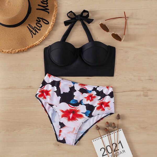 

Floral Halter Push Up Bikini Swimsuit, Multicolor