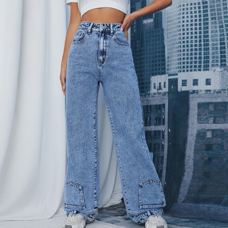 

Zipper Fly Patch Pocket Boyfriend Jeans, Medium wash