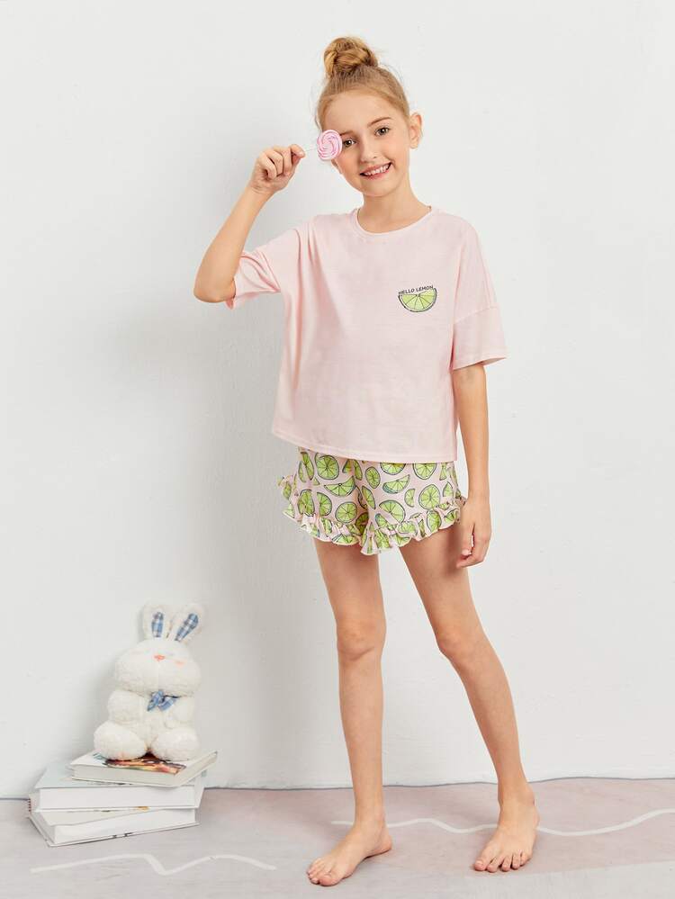 女孩檸檬圖案落肩袖上衣和荷葉邊短褲睡衣套裝 - 彩色 - 查看 4
