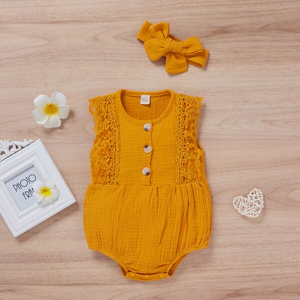 

Baby Girl Contrast Lace Half Button Bodysuit With Headband, Yellow