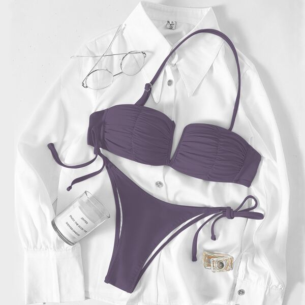 

Ruched V Wired Tie Side Bikini Swimsuit, Violet purple