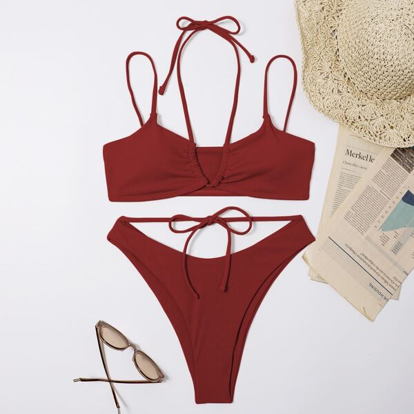 

Rib Knot V Wired Bikini Swimsuit, Redwood