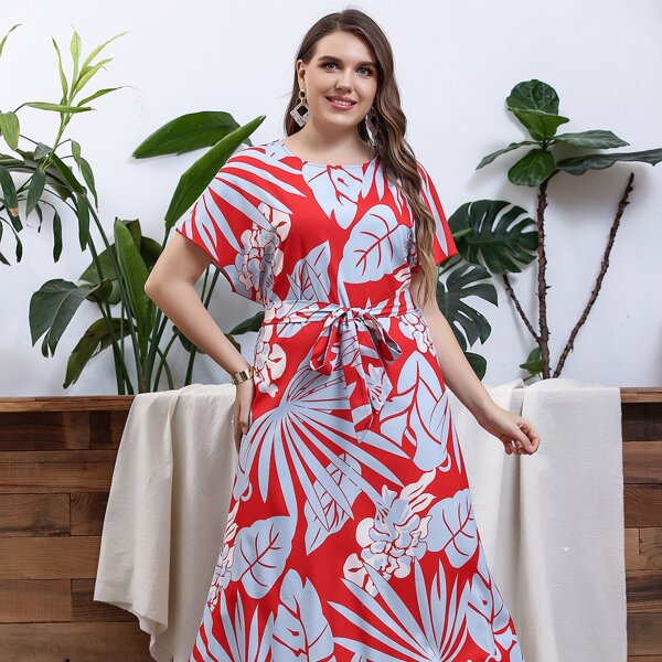 

Plus Plants Print Asymmetric Hem Belted Dress, Multicolor