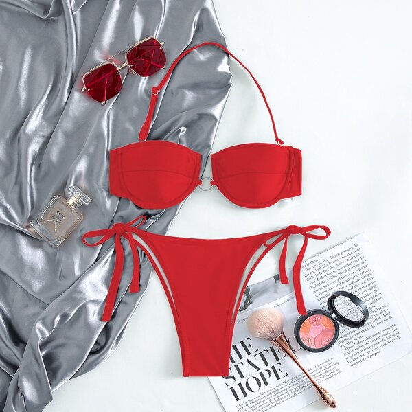 

Ring Linked Underwire Tie Side Bikini Swimsuit, Red