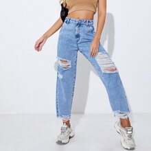Zipper Fly Ripped Detail Mom Fit Jeans