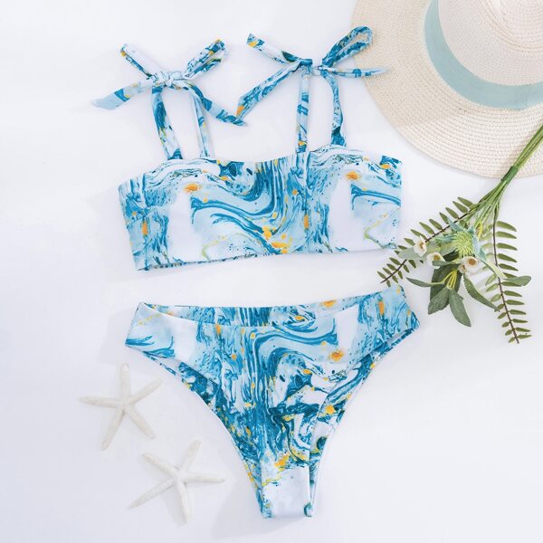 

Marble Print Tie Shoulder Bikini Swimsuit, Multicolor