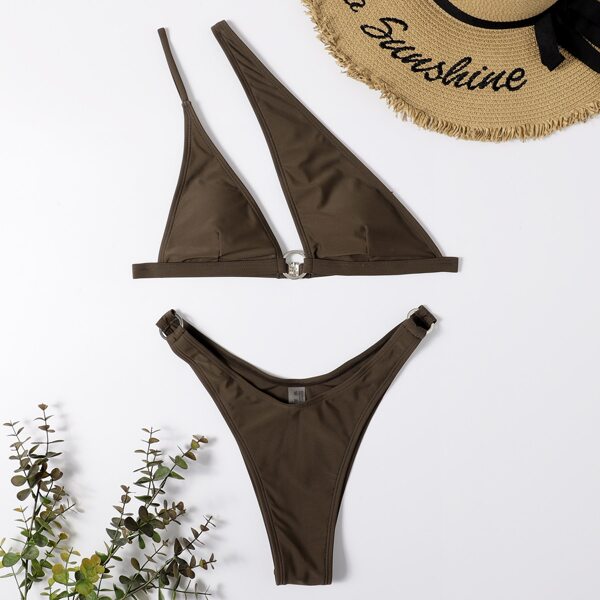 

Ring Linked One Shoulder High Cut Bikini Swimsuit, Brown