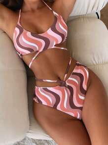 Bikini de cuello halter con estampado de olas para vacaciones de verano en la playa - Multicolor - Ver 1