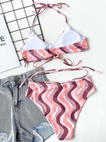 Bikini de cuello halter con estampado de olas para vacaciones de verano en la playa - Multicolor - Ver 2