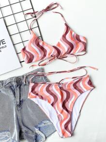 Bikini de cuello halter con estampado de olas para vacaciones de verano en la playa - Multicolor - Ver 3