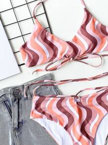 Bikini de cuello halter con estampado de olas para vacaciones de verano en la playa - Multicolor - Ver 4