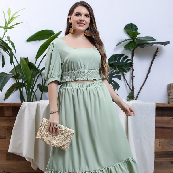 

Plus Shirred Puff Sleeve Top & Ruffle Hem Skirt, Mint green