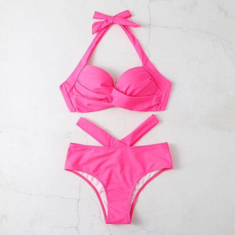 

Twist Front Push Up Bikini Swimsuit, Hot pink