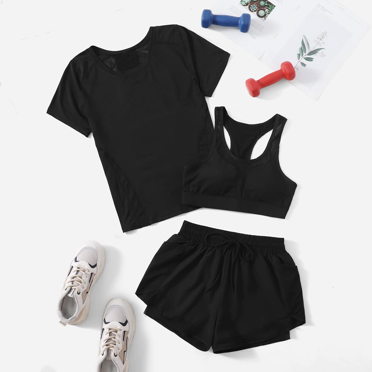 

3pcs Contrast Fishnet Drawstring Sports Set, Black