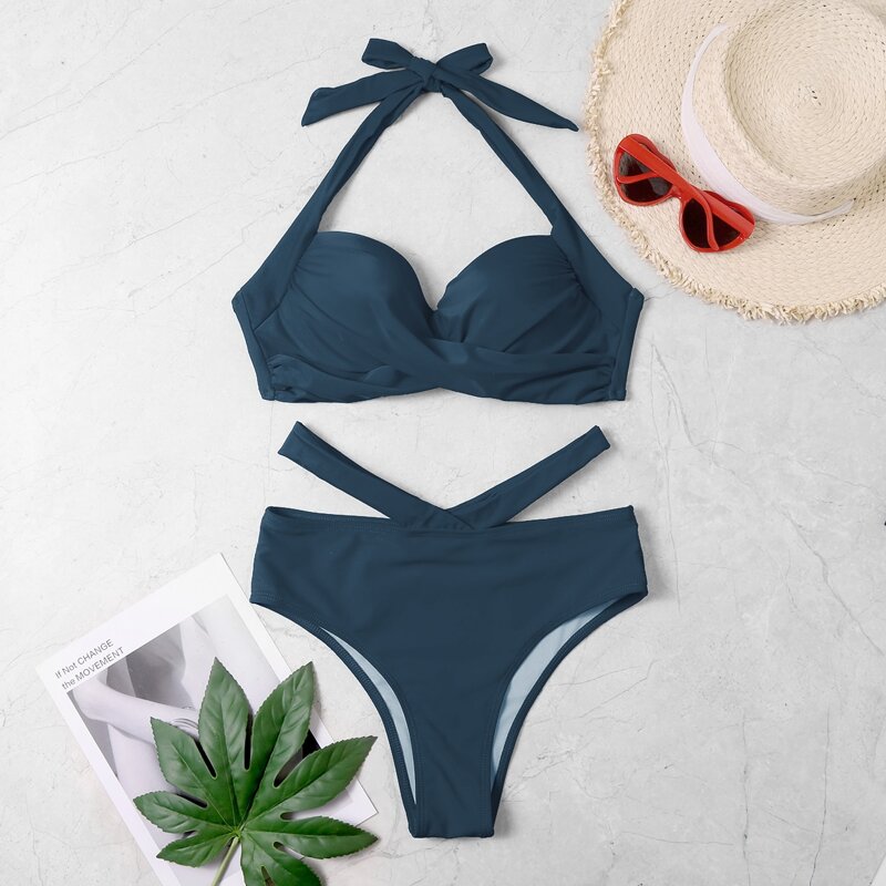 

Twist Front Push Up Bikini Swimsuit, Dusty blue