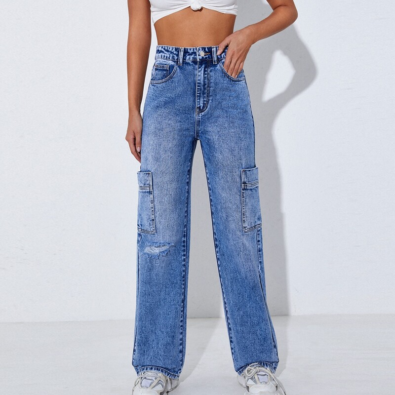 

Zipper Fly Ripped Detail Patch Pocket Jeans, Light wash