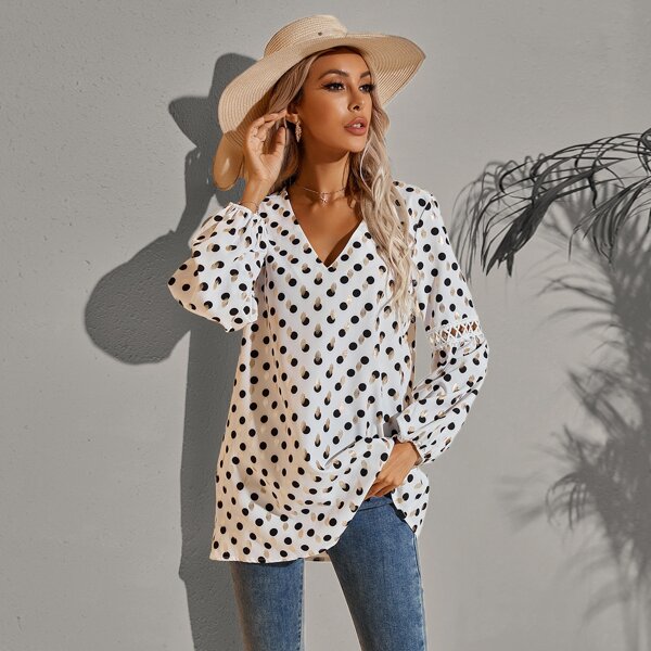 

Polka Dot Print V Neck Bishop Sleeve Blouse, White