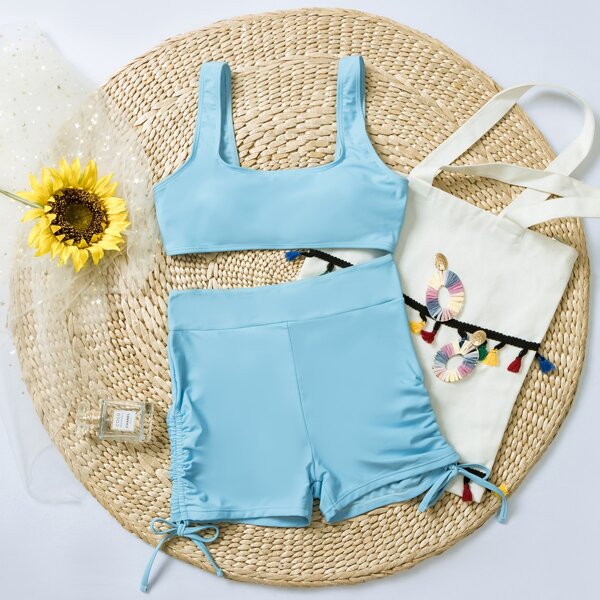 

Drawstring Side Shorts Bikini Swimsuit, Baby blue