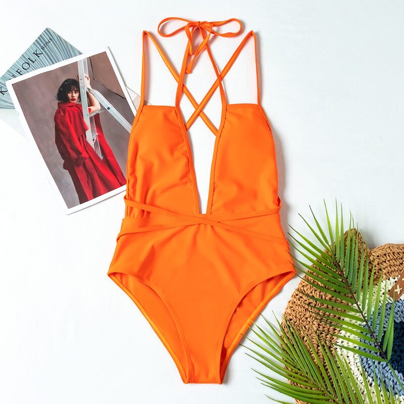 

Cut-out Plunging One Piece Swimsuit, Orange