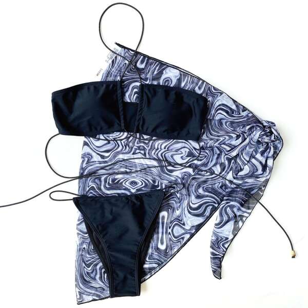 

3pack Halter Thong Bikini Swimsuit & Beach Skirt, Multicolor