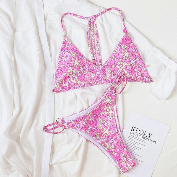 

Allover Floral Thong Bikini Swimsuit, Multicolor