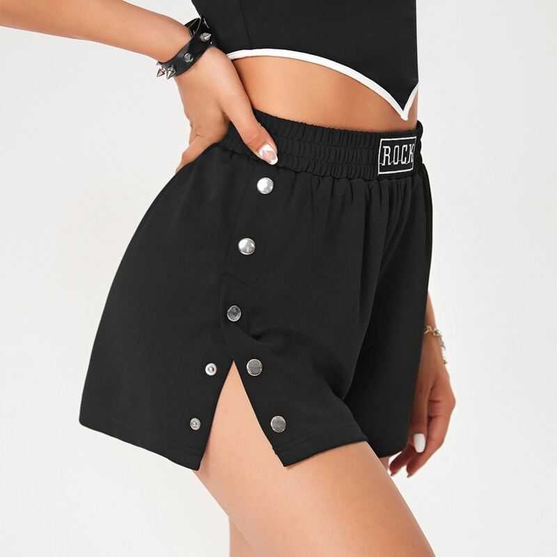

Press Button Side Letter Embroidered Shorts, Black