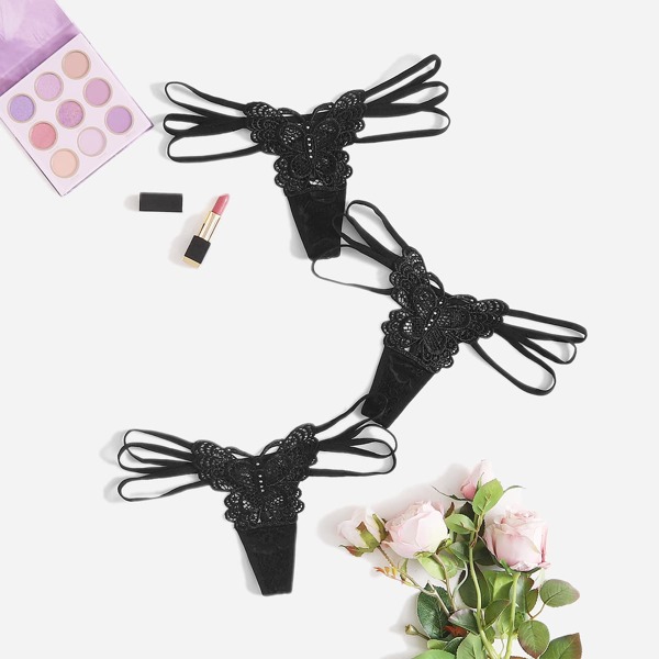 

3pack Butterfly Detail Cut-out Panty Set, Black