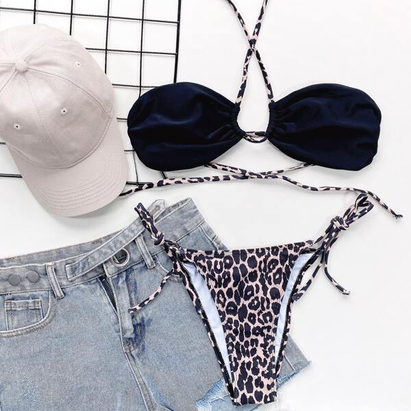 

Leopard Halter Tie Side Bikini Swimsuit, Multicolor
