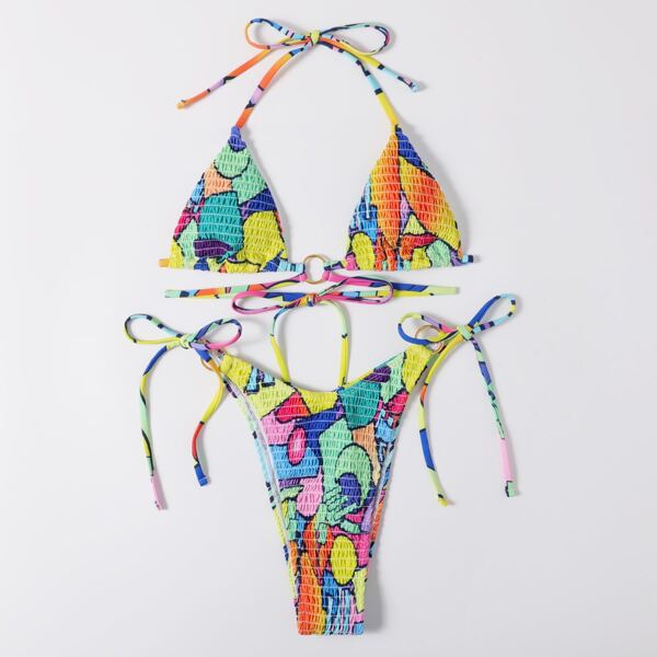 

Geometric Print Ring Linked Halter Bikini Swimsuit, Multicolor