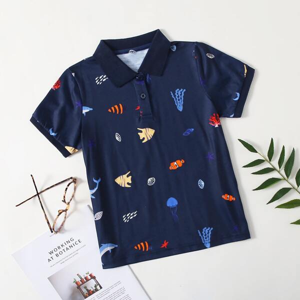 

Boys Marine Life Print Polo Shirt, Navy blue