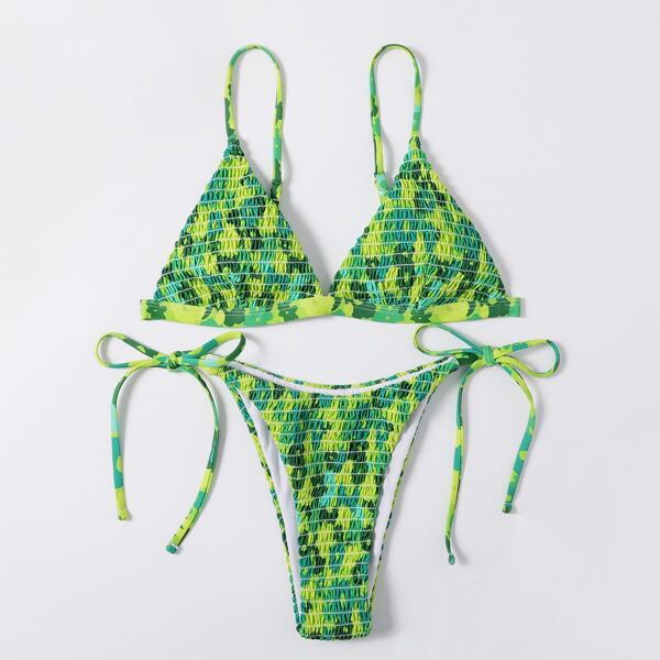 

Smocked Triangle Tie Side Bikini Swimsuit, Multicolor