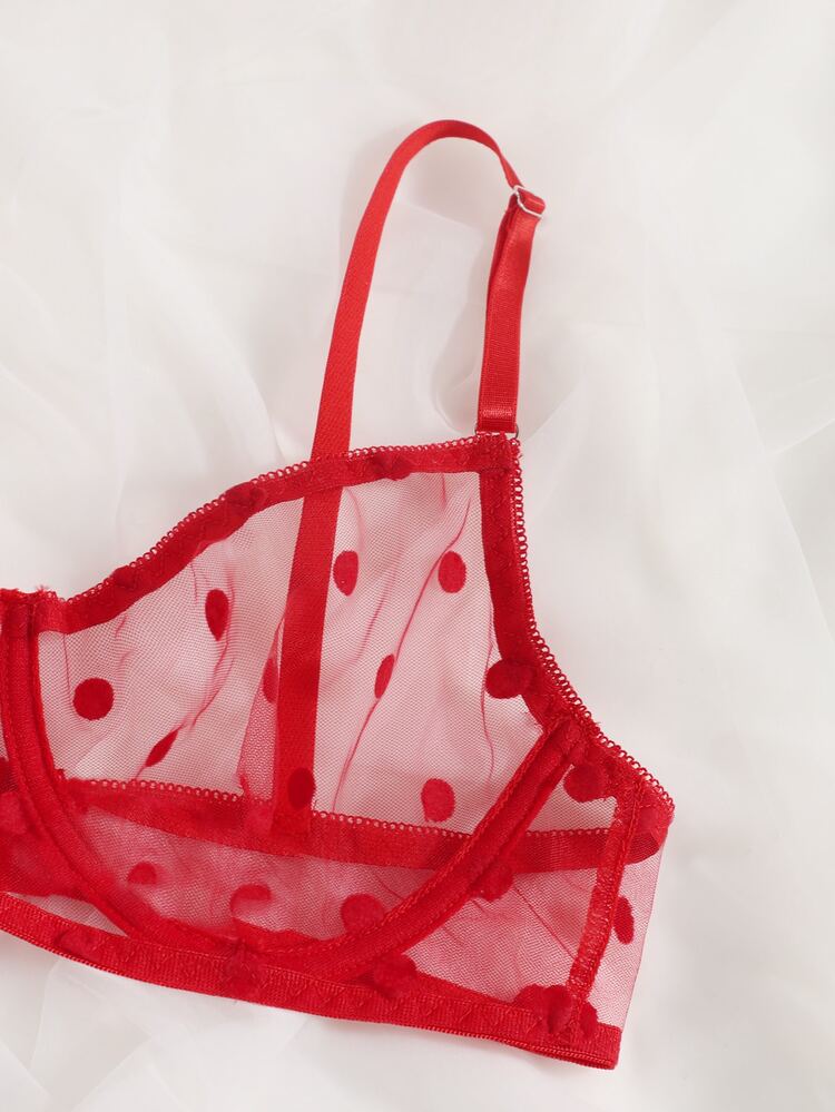 Dobby Mesh Underwire Lingerie Set - Red - View 4