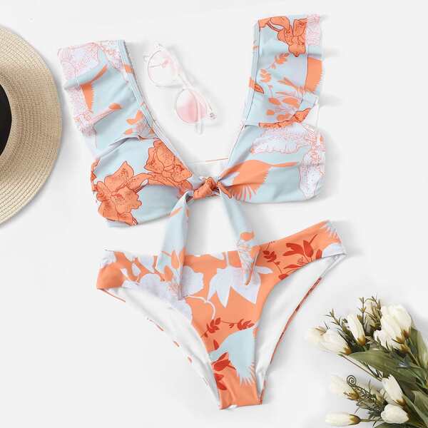 

Plant Print Knot Front Ruffle Bikini Swimsuit, Multicolor