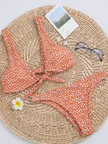 Dalmatian Print Knot Front Bikini Set Summer Beach - Rust Brown - View 3